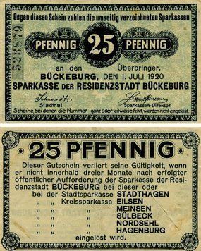 Banknote Germany Notgeld 25 pfennig 1920 F-VF B&uuml;ckeburg