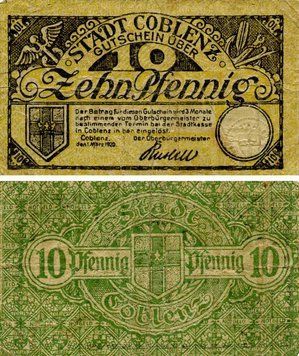 Banknote Germany Notgeld 10 pfennig 1920 F-VF Koblenz Variety 1