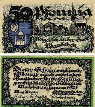 Banknote Germany Notgeld 50 pfennig 1921 F-VF Wandsbek