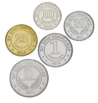 Nicaragua set of 5 coins 2012-2014 UNC 10, 20, 50 centavos, 1, 5 cordoba