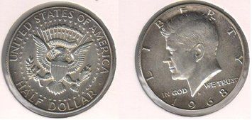 США 50 центів (халф) 1968 &laquo;Джон Кеннеді&raquo; Срібло VF (KM#202a) М03120 фото