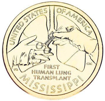 Монета США 1 долар 2023 UNC P Американські інновації - Перша трансплантація легень людині (Міссісіпі) М18088 фото