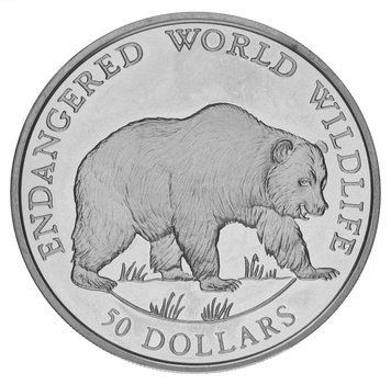 Монета Острови Кука 50 доларів 1990 Срібло Proof Зникаючі види тварин - ведмідь Грізлі М14913 фото