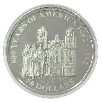Монета Острови Кука 50 доларів 1991 Срібло Proof 500 років Відкриттю Америки &ndash; Єзуїтська церква в Куско М22608 фото