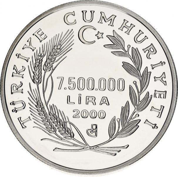 Turkey 7,500,000 lira 2000 Silver UNC Peace Doves