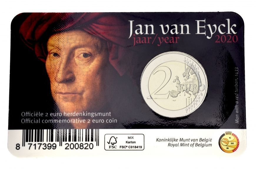 Coin Belgium 2 euros 2020 Bimetal UNC Painter Jan van Eyck in a souvenir package