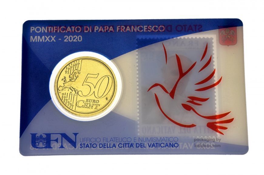 Coin Vatican 50 euro cent 2020 UNC Pope Francis with lamb Plus stamp in the booklet