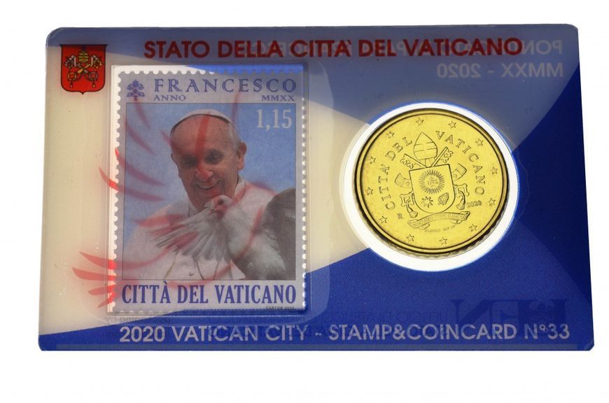 Coin Vatican 50 euro cent 2020 UNC Pope Francis with lamb Plus stamp in the booklet