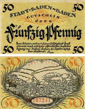 Banknote Germany Notgeld 50 pfennig 1919 F-VF Baden-Baden
