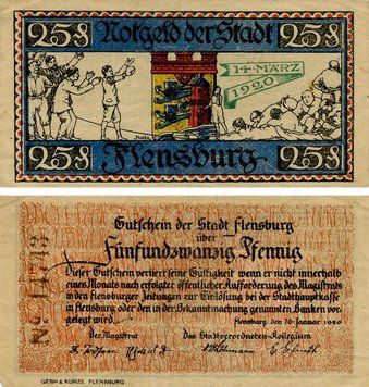 Banknote Germany Notgeld 25 pfennig 1920 F-VF Flensburg Variety 2