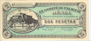Spain set of 2 banknotes 1936 UNC Denia 1, 2 pesetas