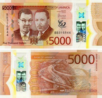 Банкнота Ямайка 5000 доларів 2022 Полімер UNC Пам&rsquo;ятна - 60 років Незалежності (PW101) Б23589 фото