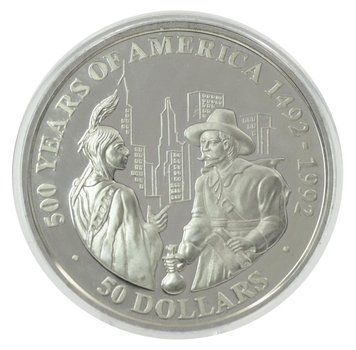 Монета Острови Кука 50 доларів 1991 Срібло Proof 500 років Відкриттю Америки &ndash; Петер Мінёйт, викуп острова Манхеттен М22609 фото
