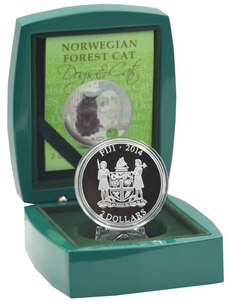 Fiji 2 Dollars 2014 Silver Proof Fluffy Cat - Norwegian Forest Cat (Ag 999, ounce, 31.1 grams)