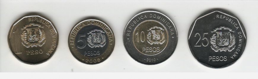 Dominican Republic set of 4 coins 2008-2010 UNC 1, 5, 10, 25 pesos