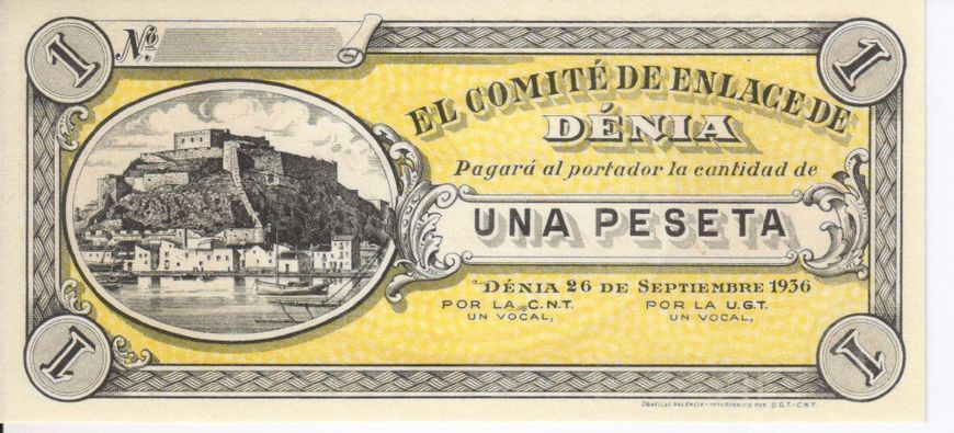 Іспанія набір з 2 банкнот 1936 UNC Денія 1, 2 песети Б05221 фото