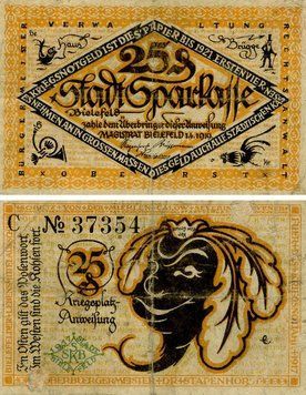 Banknote Germany Notgeld 25 pfennig 1919 F-VF Bielefeld