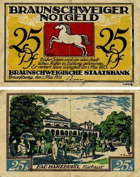 Banknote Germany Notgeld 25 pfennig 1921 F-VF Braunschweig Variety 1