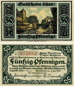 Banknote Germany Notgeld 50 pfennigs 1921 F&ndash;VF Hanover Variety
