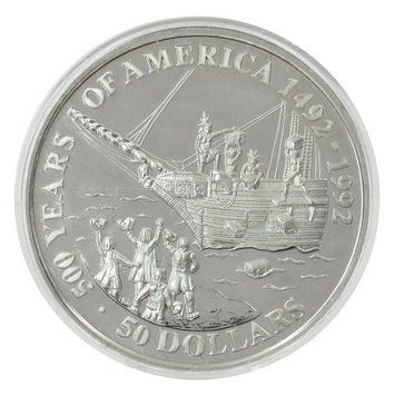 Монета Острови Кука 50 доларів 1991 Срібло Proof 500 років Відкриттю Америки &ndash; Бостонське чаювання М22610 фото