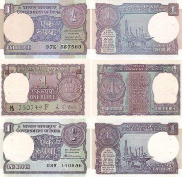 India set of 3 banknotes 1974 - 1991 UNC