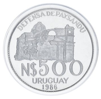 Uruguay 500 Pesos 1986 Silver UNC Defense of Paysandu - General Leandro Gomez