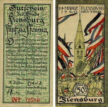 Banknote Germany Notgeld 50 pfennigs 1920 F&ndash;VF Flensburg Variety