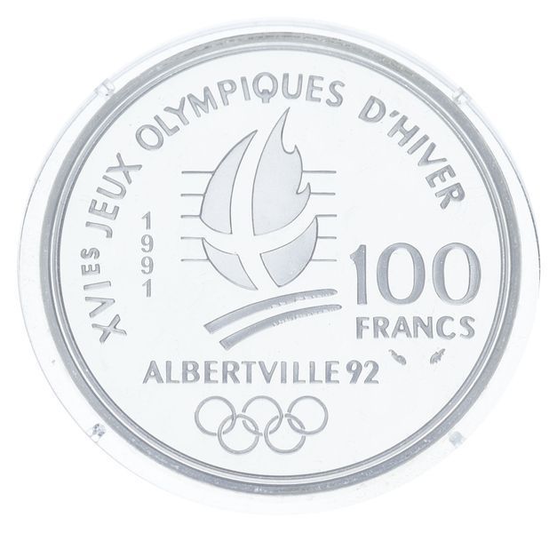 Монета Франція 100 франків 1991 Срібло Proof Зимові Олімпійські ігри 1992 - Стрибки на лижах з трампліна М23301 фото