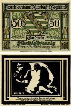 Banknote Germany Notgeld 50 pfennig 1921 F-VF Auerbach Variety 1