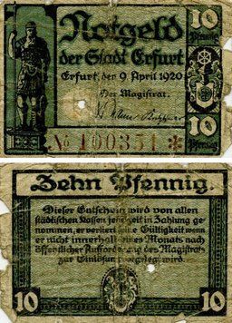 Banknote Germany Notgeld 10 pfennig 1921 G-VG Erfurt Variety 1