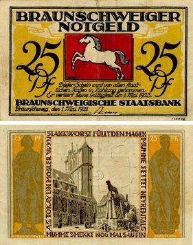 Banknote Germany Notgeld 25 pfennig 1921 F-VF Braunschweig Variety 2