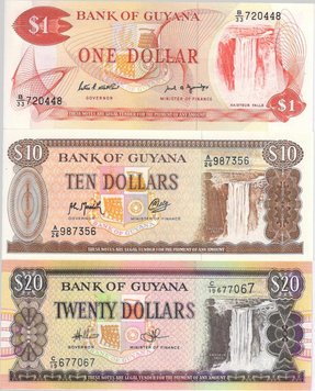 Guyana set of 3 banknotes UNC 1, 10, 20 dollars