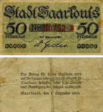 Banknote Germany Notgeld 50 pfennig 1918 F-VF Saarlouis