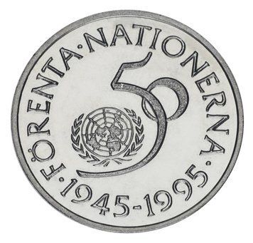 Монета Швеція 5 крон 1995 UNC 50 років ООН М20874 фото