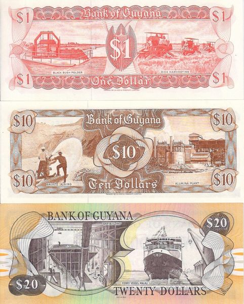 Guyana set of 3 banknotes UNC 1, 10, 20 dollars