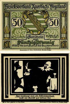 Banknote Germany Notgeld 50 pfennig 1921 F-VF Auerbach Variety 2