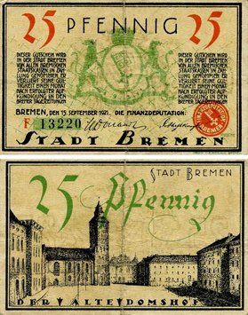 Banknote Germany Notgeld 25 pfennig 1921 F-VF Bremen F