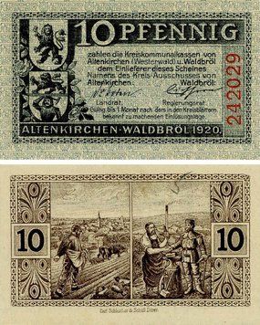 Banknote Germany Notgeld 10 pfennig 1920 F-VF Altenkirchen