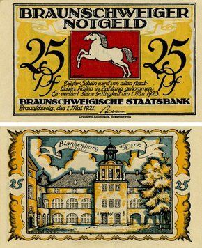 Banknote Germany Notgeld 25 pfennig 1921 F-VF Braunschweig Variety 3