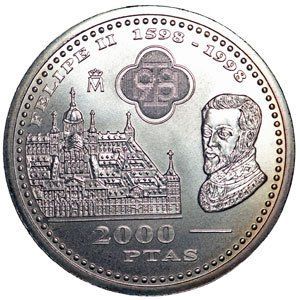 Монета Іспанія 2000 песет 1998 &laquo;400 років від дня смерті Пилипа II&raquo; Срібло UNC (KM#987) М06318 фото