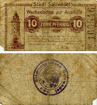 Banknote Germany Notgeld 10 pfennig 1920 F-VF Salzwedel
