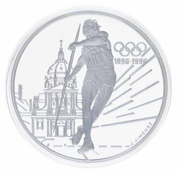 Монета Франція 100 франків 1994 Срібло Proof 100 років Олімпійським іграм - Метання списа (Ag 925, 33,63 грама) М23303 фото