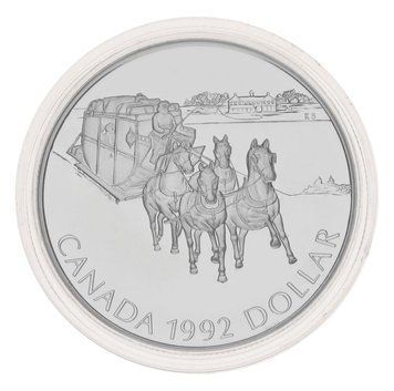 Монета Канада 1 долар 1992 Срібло UNC Коні 175 years of Kingston stagecoach М17010 фото