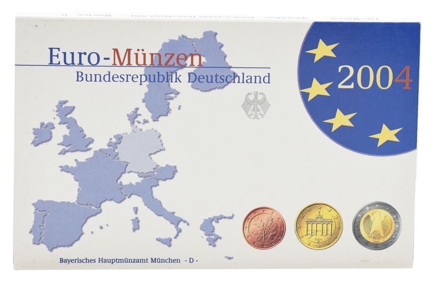 Coins set Germany set of 8 euro coins 2004 D UNC 1, 2, 5, 10, 20, 50 euro cents, 1, 2 euros in a souvenir package М22730 photo