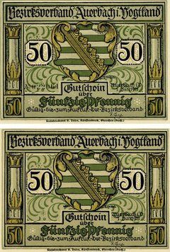 Banknote Germany Notgeld 50 pfennig 1921 F-VF Auerbach Variety 3