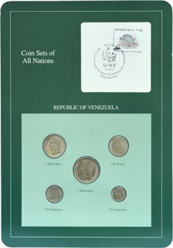 Venezuela set of 5 coins 1988-1989 UNC 25, 50 sentim, 1, 2, 5 bolivars and 1 mark Booklet