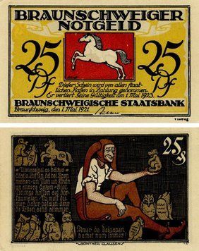 Banknote Germany Notgeld 25 pfennig 1921 F-VF Braunschweig Variety 4