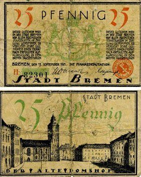 Banknote Germany Notgeld 25 pfennig 1921 F-VF Bremen H