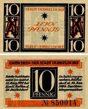 Banknote Germany Notgeld 10 pfennig 1921 F-VF Dusseldorf