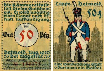 Banknote Germany Notgeld 50 pfennig 1920 F-VF Detmold Variety 3